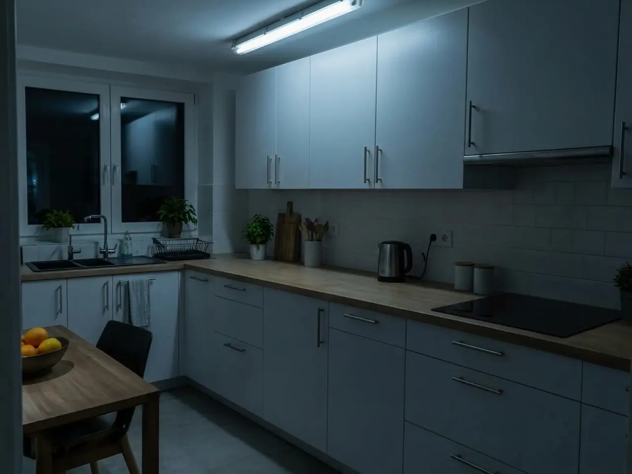 Cuisine le soir sous un vieux tube au plafond : lumière froide, plan de travail dans l’ombre des meubles hauts