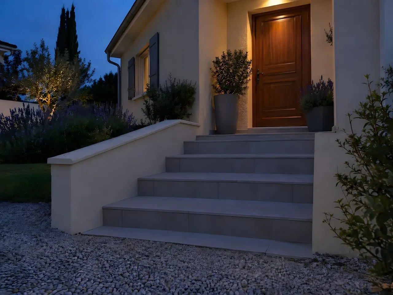Escalier extérieur carrelé gris clair le long d’un muret beige au crépuscule, marches dans l’ombre, porte en bois