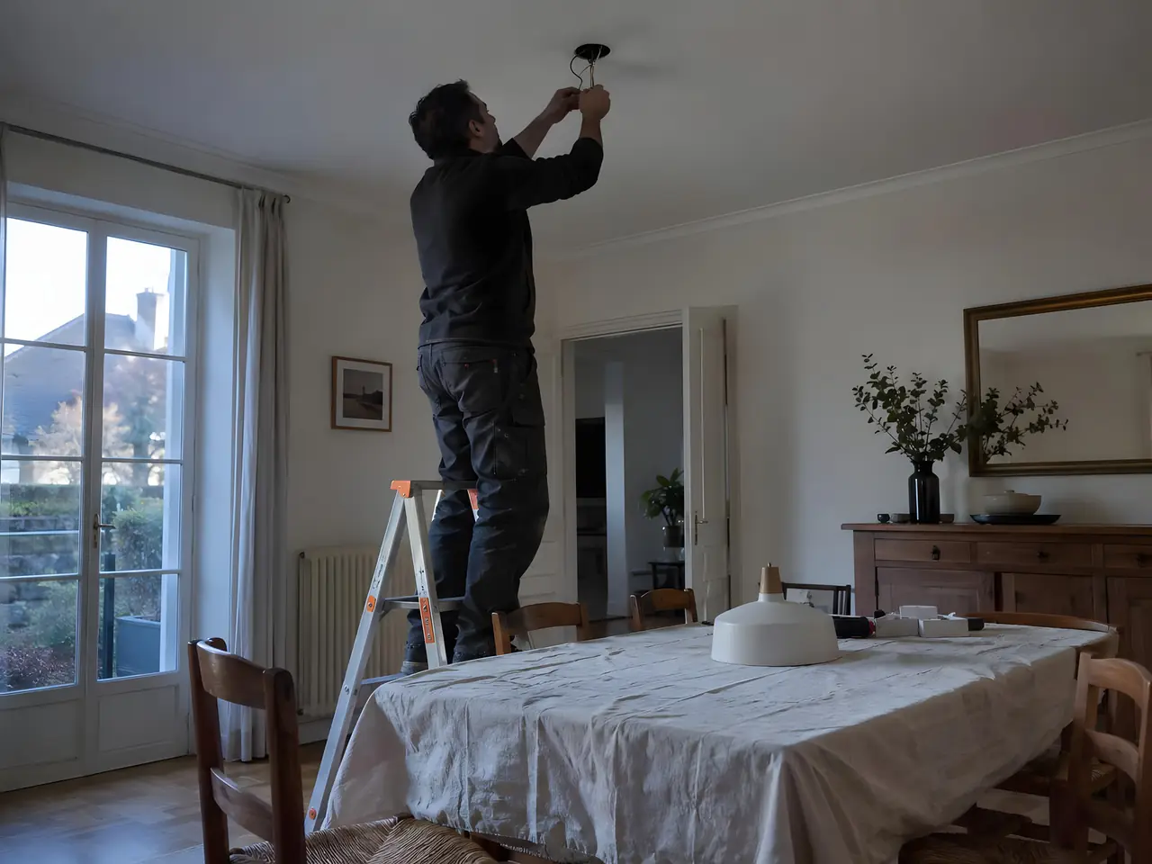 Électricien sur un escabeau qui raccorde les fils au plafond d’une salle à manger, la suspension posée sur la table bâchée