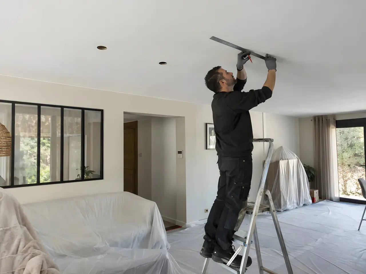 Électricien sur un escabeau qui trace au réglet sur le plafond d’un séjour bâché, spots encastrés déjà posés