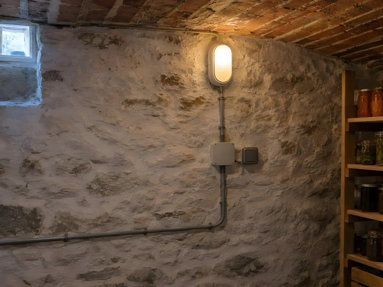 Mur de cave en pierre chaulée, hublot étanche allumé, boîte de dérivation grise fermée et interrupteur étanche
