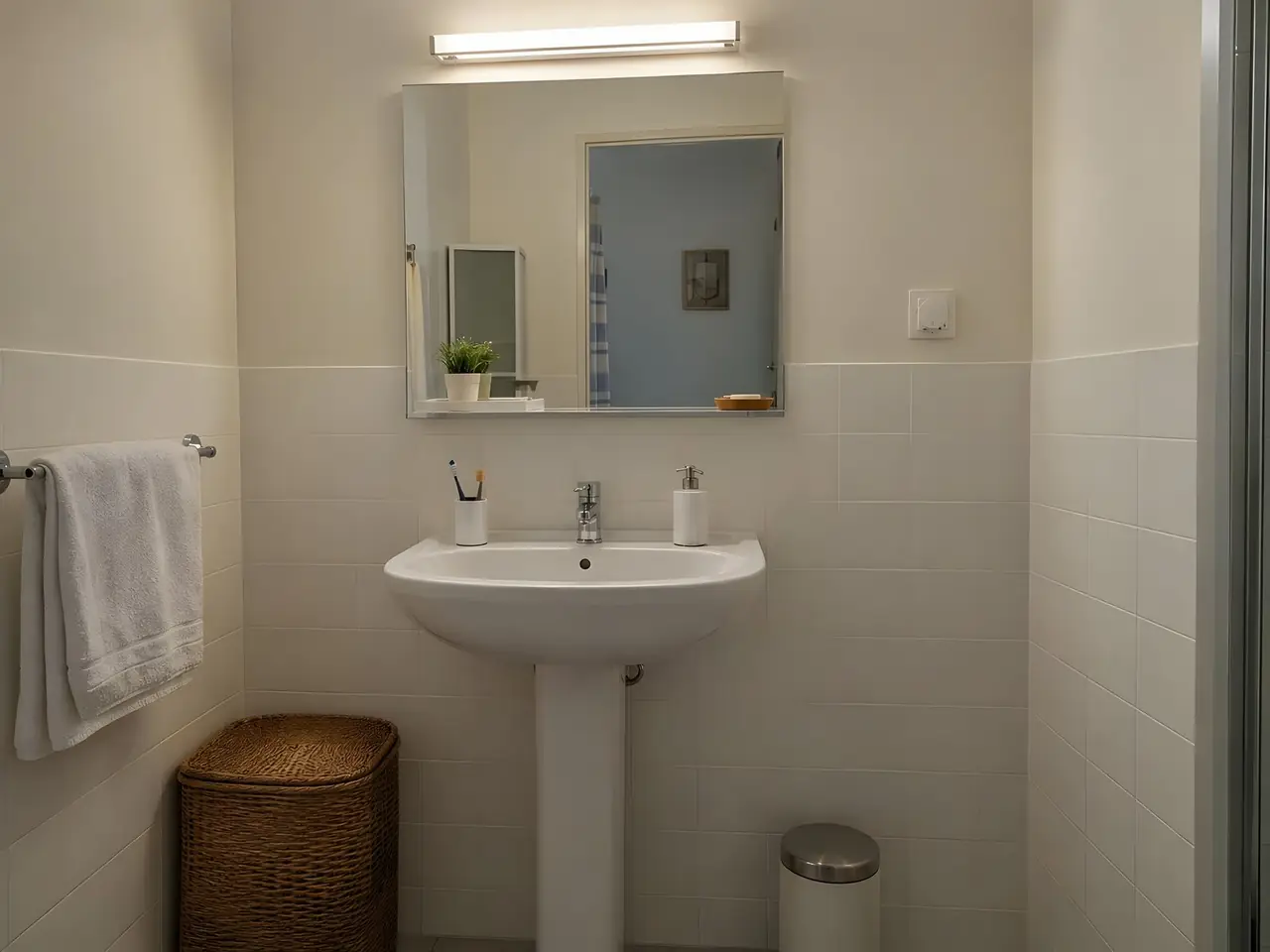 Lavabo sur colonne sous un miroir, réglette blanche étanche allumée au-dessus, prise neuve à volet à droite du miroir