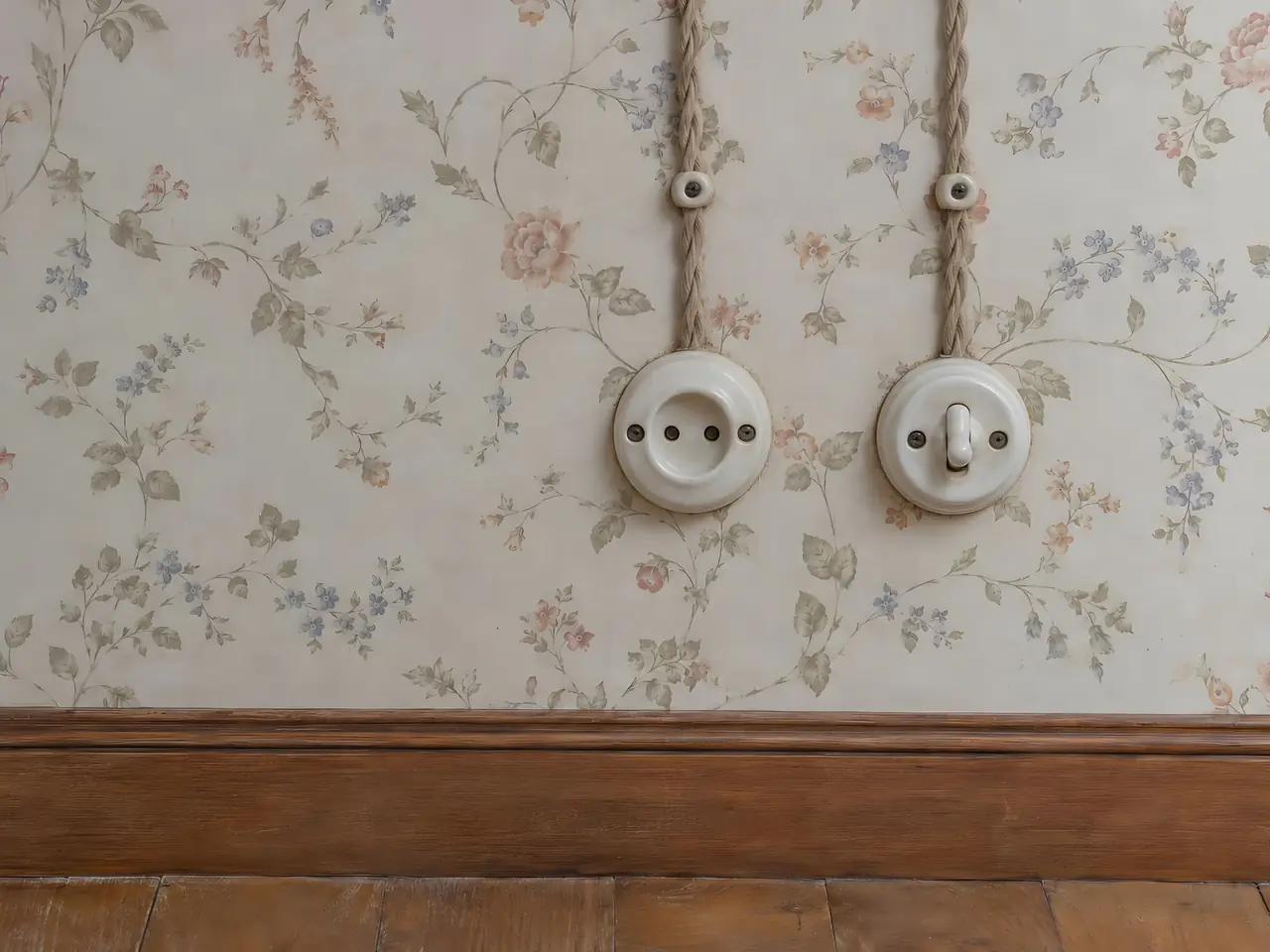 Papier peint fleuri fané : vieille prise et interrupteur à bouton en porcelaine, fils torsadés apparents