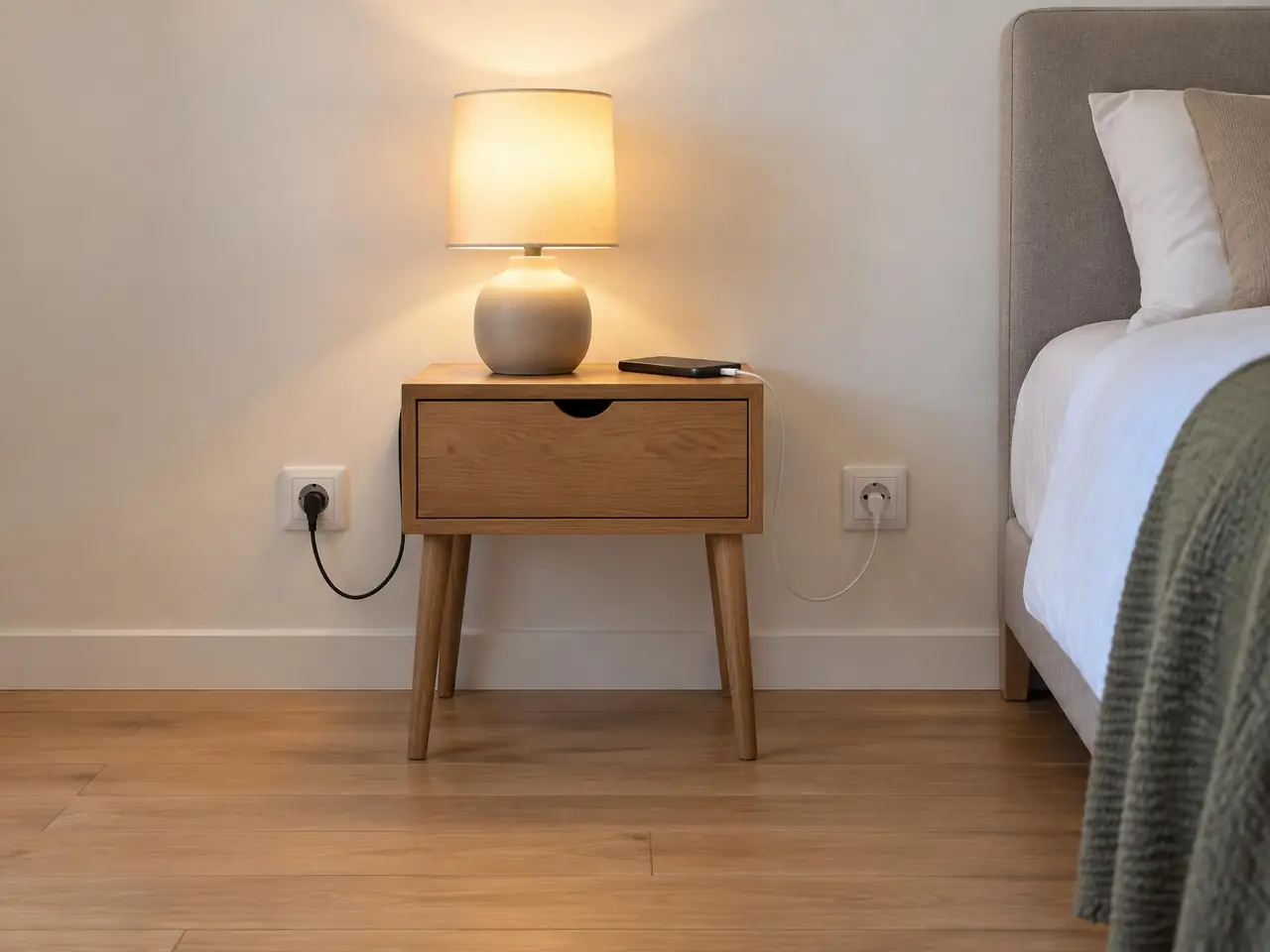 Le même chevet avec une prise neuve de chaque côté, lampe et téléphone branchés, plus aucun fil au sol