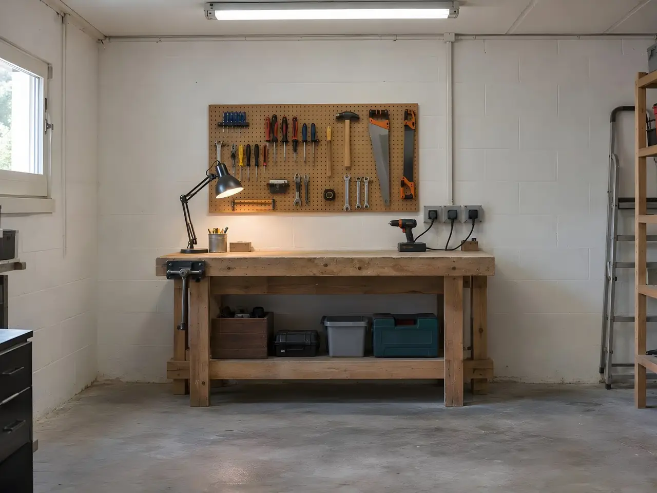 Établi en bois sous un panneau perforé à outils, trois prises grises alignées au mur, perceuse en charge sur le plateau