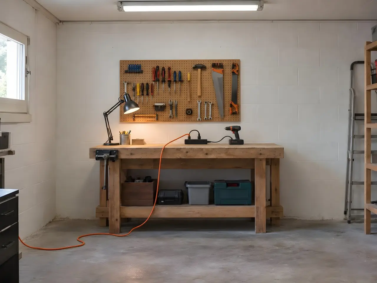 Établi en bois sous un panneau perforé à outils, rallonge orange qui traverse le sol jusqu’à une multiprise noire