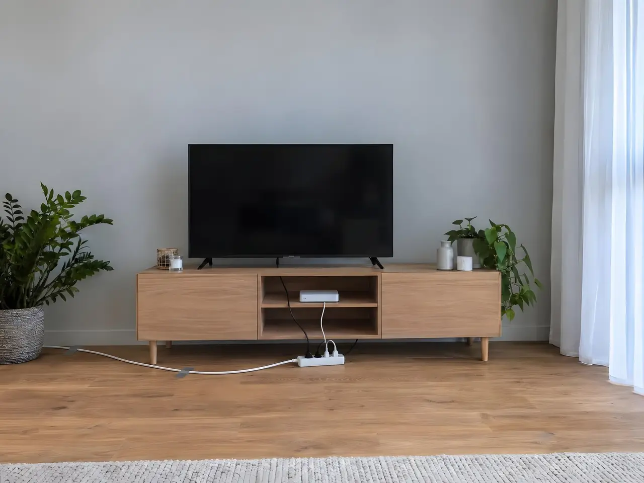 Meuble télé en bois clair contre un mur gris, rallonge blanche sur le parquet jusqu’à une multiprise posée au sol