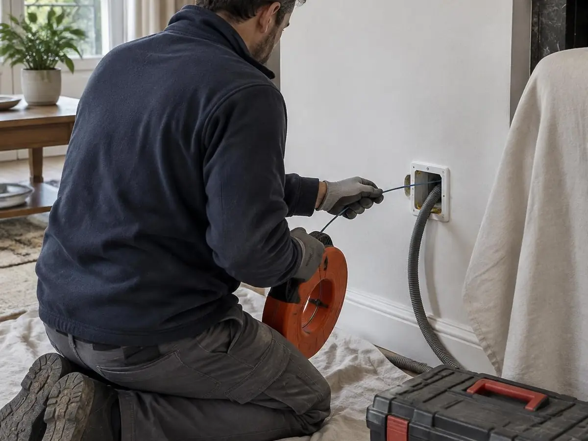 Électricien à genoux sur une bâche, tire-fil orange en main, qui passe un câble jusqu’à une boîte murale