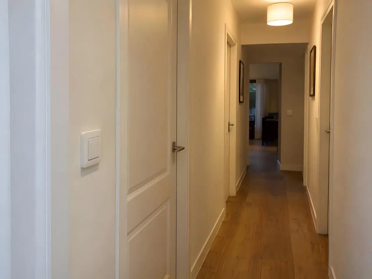 Couloir aux murs clairs et au parquet, plafonnier allumé et interrupteur blanc neuf posé près d’une porte