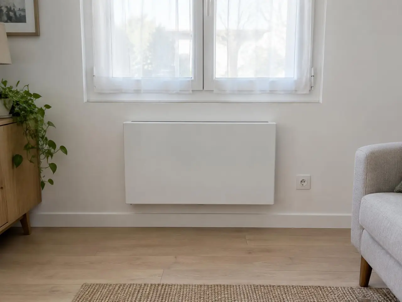 Le même mur sous la fenêtre à voilages : un radiateur neuf, blanc et plat, fixé de niveau