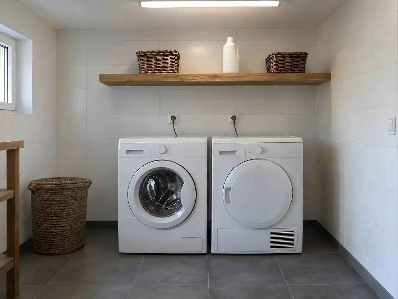 Buanderie carrelée de blanc, une prise neuve au-dessus du lave-linge et une autre au-dessus du sèche-linge