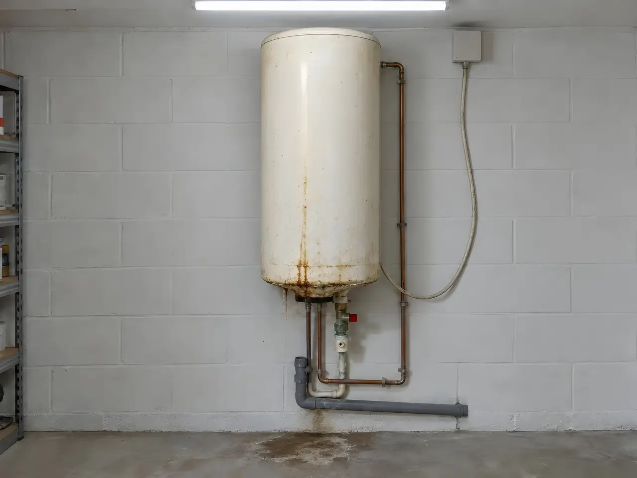 Vieux chauffe-eau jauni et rouillé fixé à un mur en parpaings, câble qui pend en boucle, tache sèche au sol