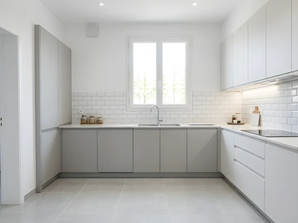 Cuisine blanche refaite : plaque de cuisson sur le plan, four en colonne à droite, prises au-dessus de la crédence