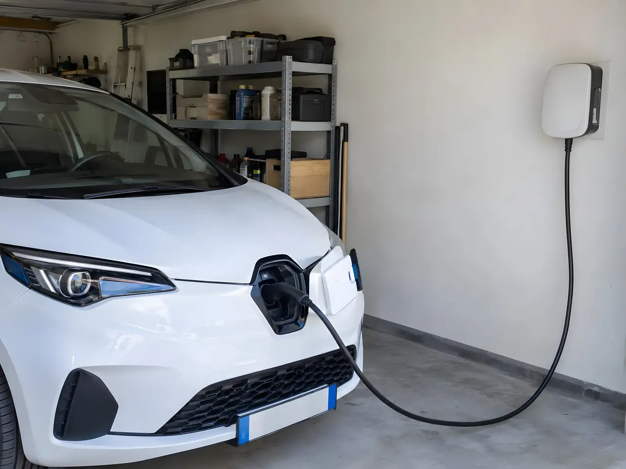 Garage : voiture électrique blanche reliée par son câble noir à une borne de recharge murale blanche