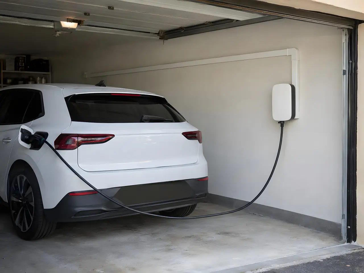 Garage ouvert : voiture électrique blanche reliée à une borne murale blanche, câble passé sous une goulotte