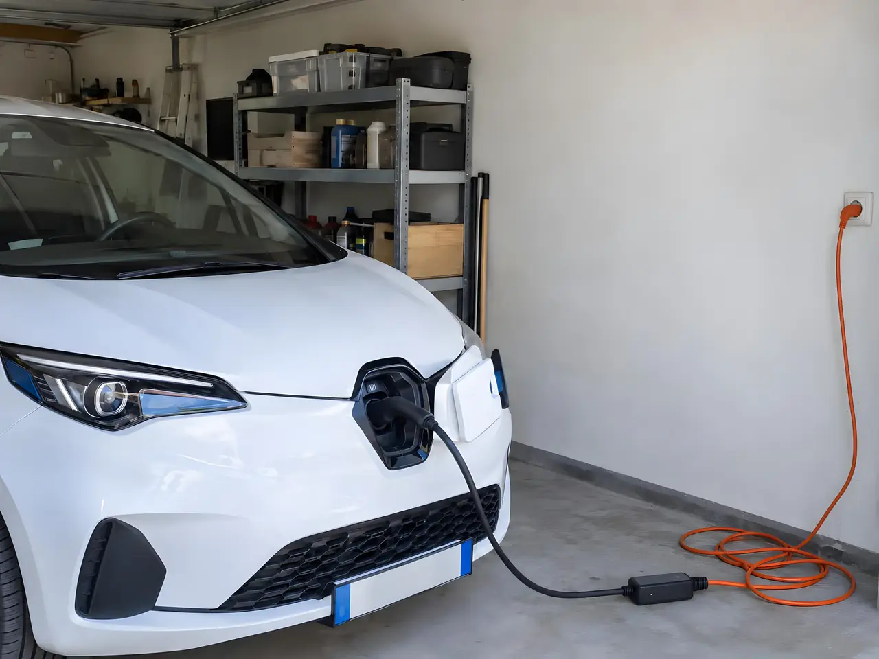 Garage : voiture électrique blanche rechargée par un câble orange branché sur une simple prise murale