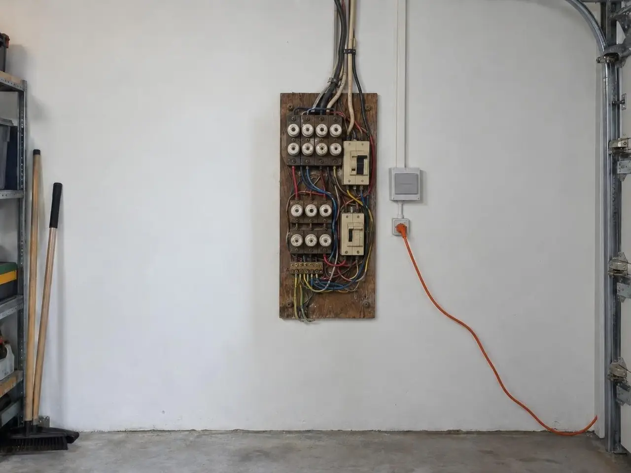 Vieux tableau électrique sur planche de bois, fusibles en porcelaine, fils emmêlés, rallonge orange au mur du garage