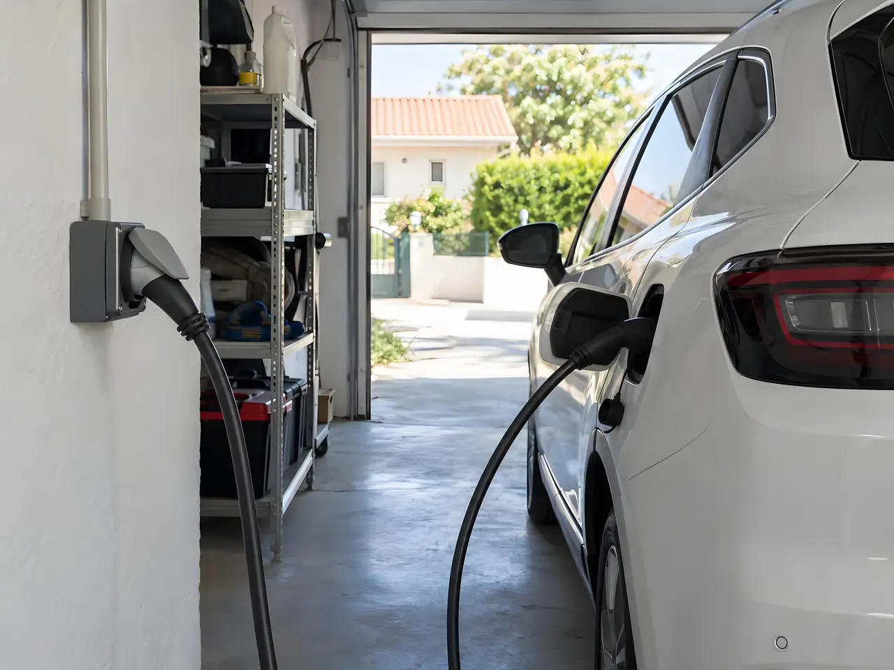 Garage ouvert : voiture électrique blanche branchée par son câble à une prise renforcée grise fixée au mur