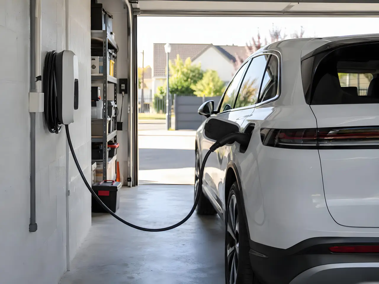 Garage ouvert : voiture blanche reliée par son câble noir à une borne de recharge murale, câble enroulé sur le côté