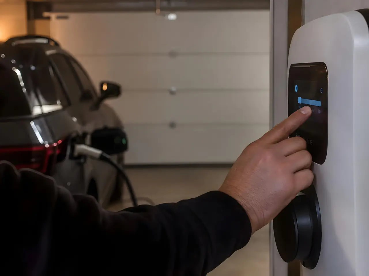 Doigt qui règle l’écran tactile d’une borne murale blanche le soir, voiture sombre en charge derrière