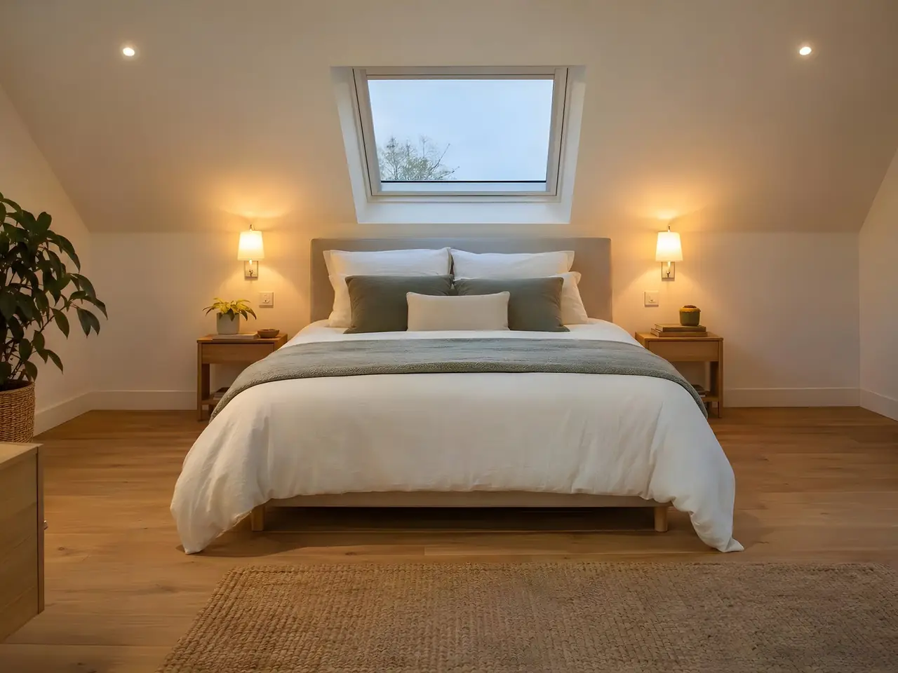 Chambre sous les toits, lit double entre deux appliques allumées, prises au-dessus des chevets, spots au plafond