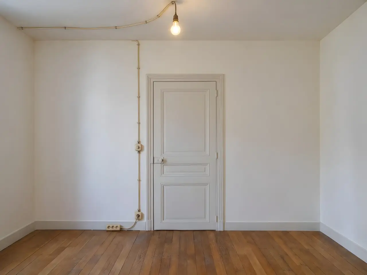 Chambre blanche, fils apparents jusqu’à une ampoule nue au plafond, interrupteur rond en saillie près de la porte