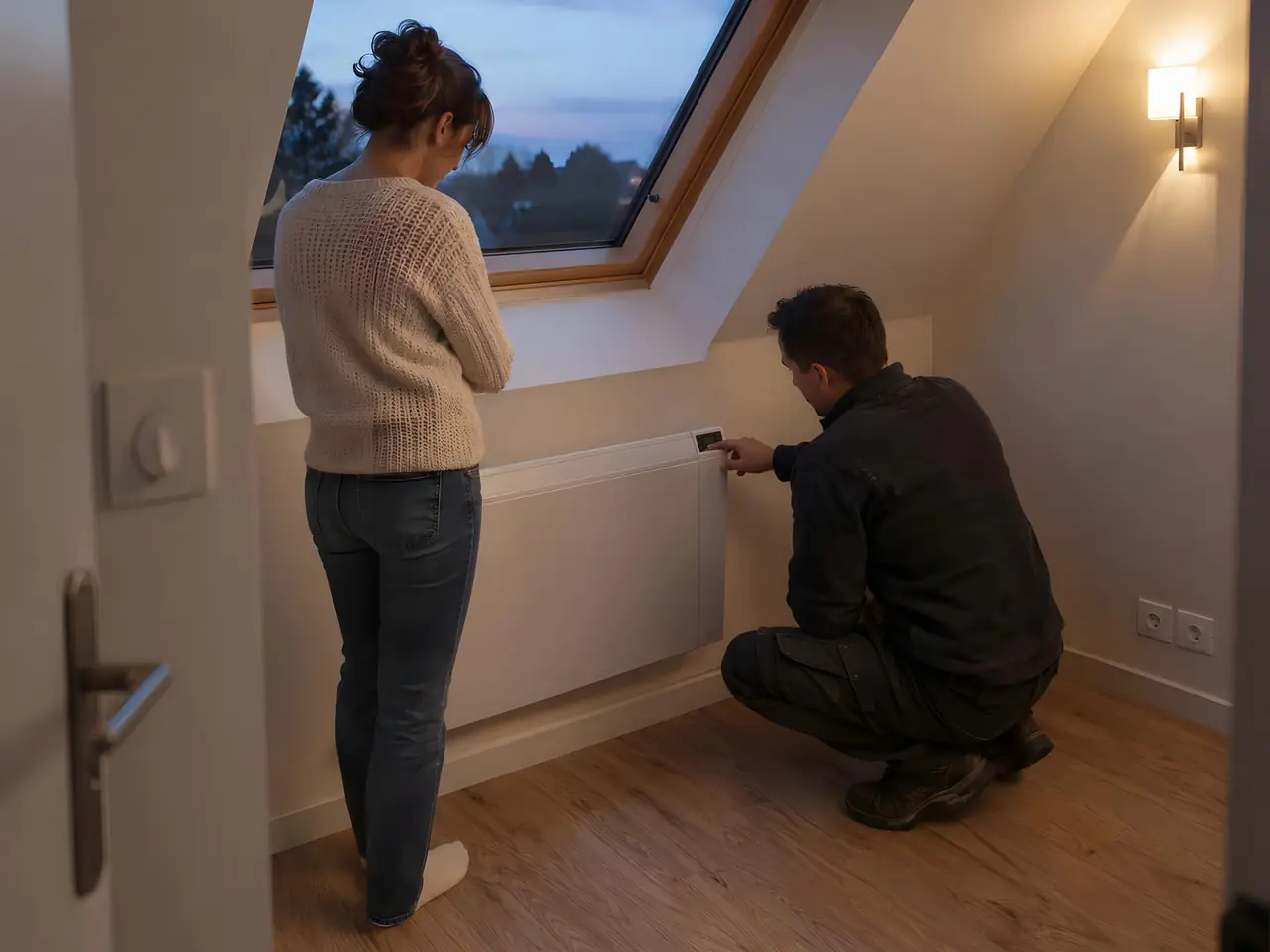 Électricien accroupi qui règle un radiateur blanc sous la fenêtre de toit d’une chambre mansardée, devant la propriétaire