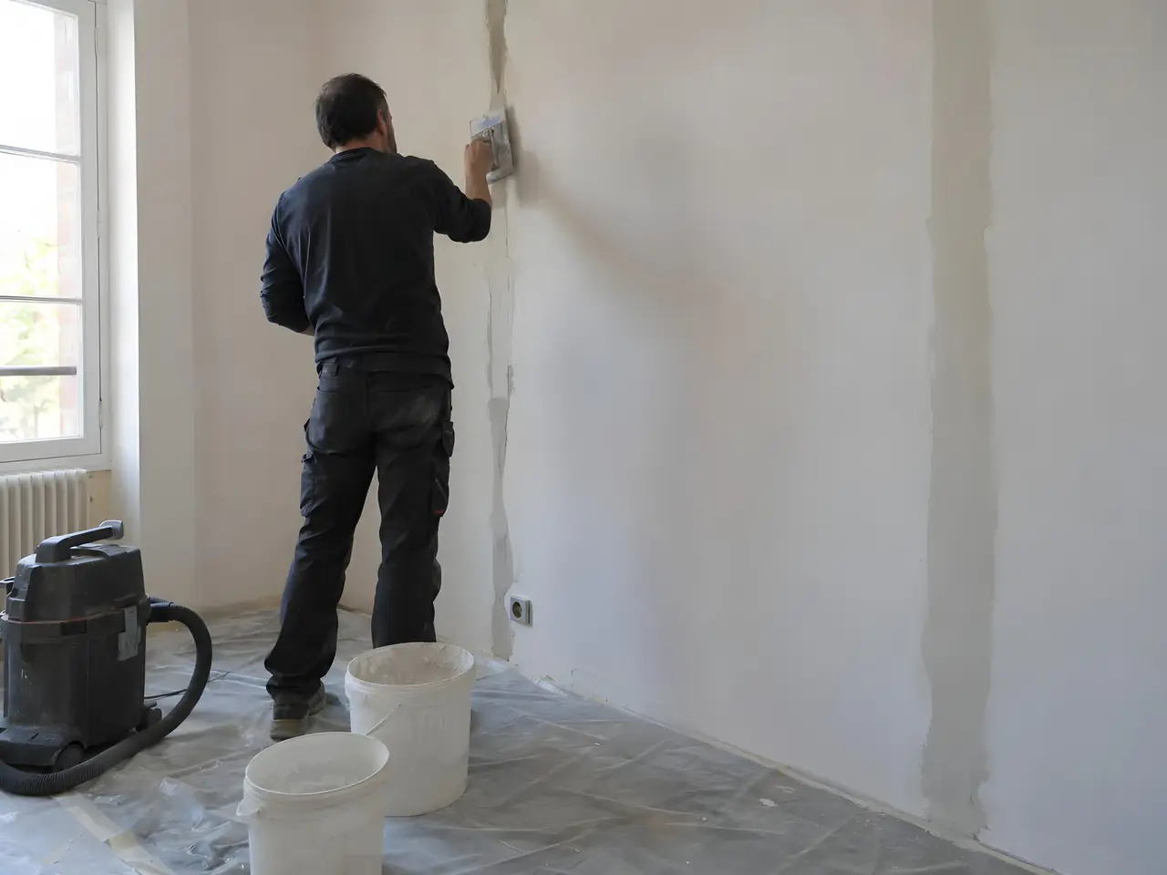 Électricien qui rebouche à l’enduit les saignées d’un mur blanc, sol bâché, seaux et aspirateur de chantier à ses pieds