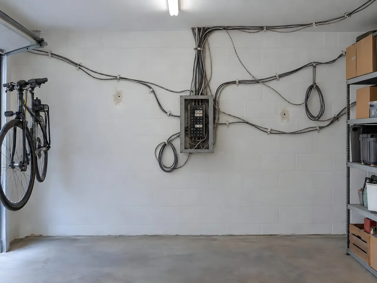 Mur de garage blanc couvert de câbles gris en boucles autour d’un vieux tableau sans porte, vélo accroché et étagère