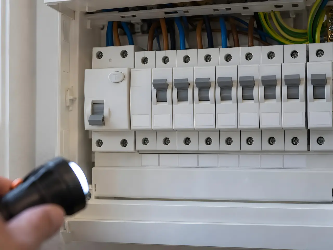 Main qui éclaire à la lampe torche un tableau électrique blanc et sa rangée de disjoncteurs gris