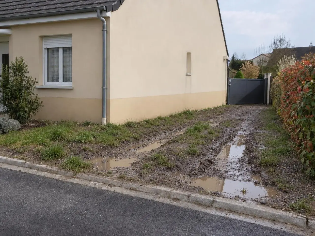 Bande de terre boueuse creusée d’ornières pleines d’eau le long d’un pavillon au crépi beige, jusqu’au trottoir