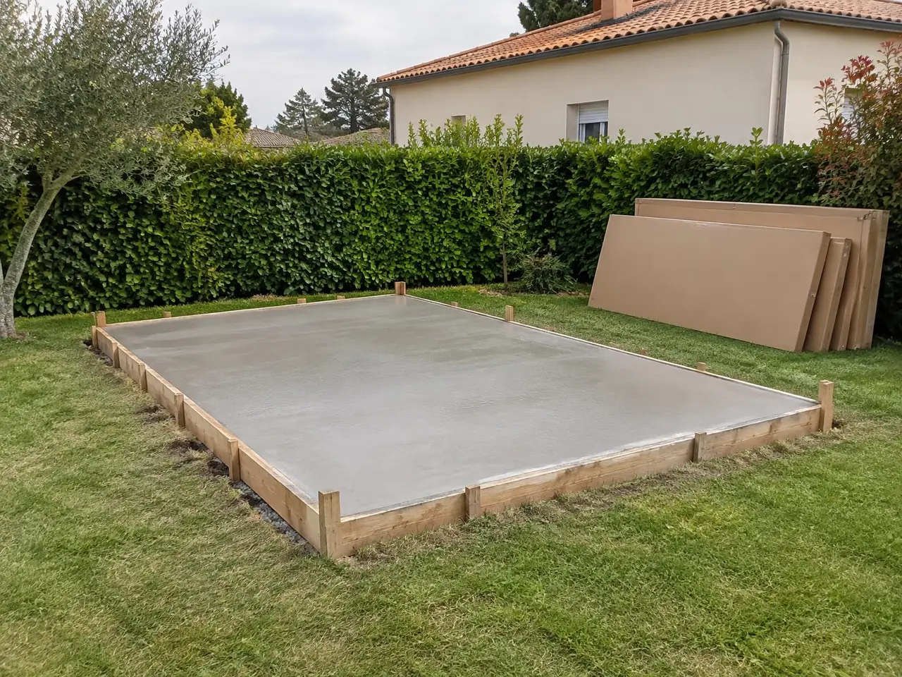 Dalle béton fraîche dans son coffrage en planches sur une pelouse, panneaux de l’abri appuyés contre la haie