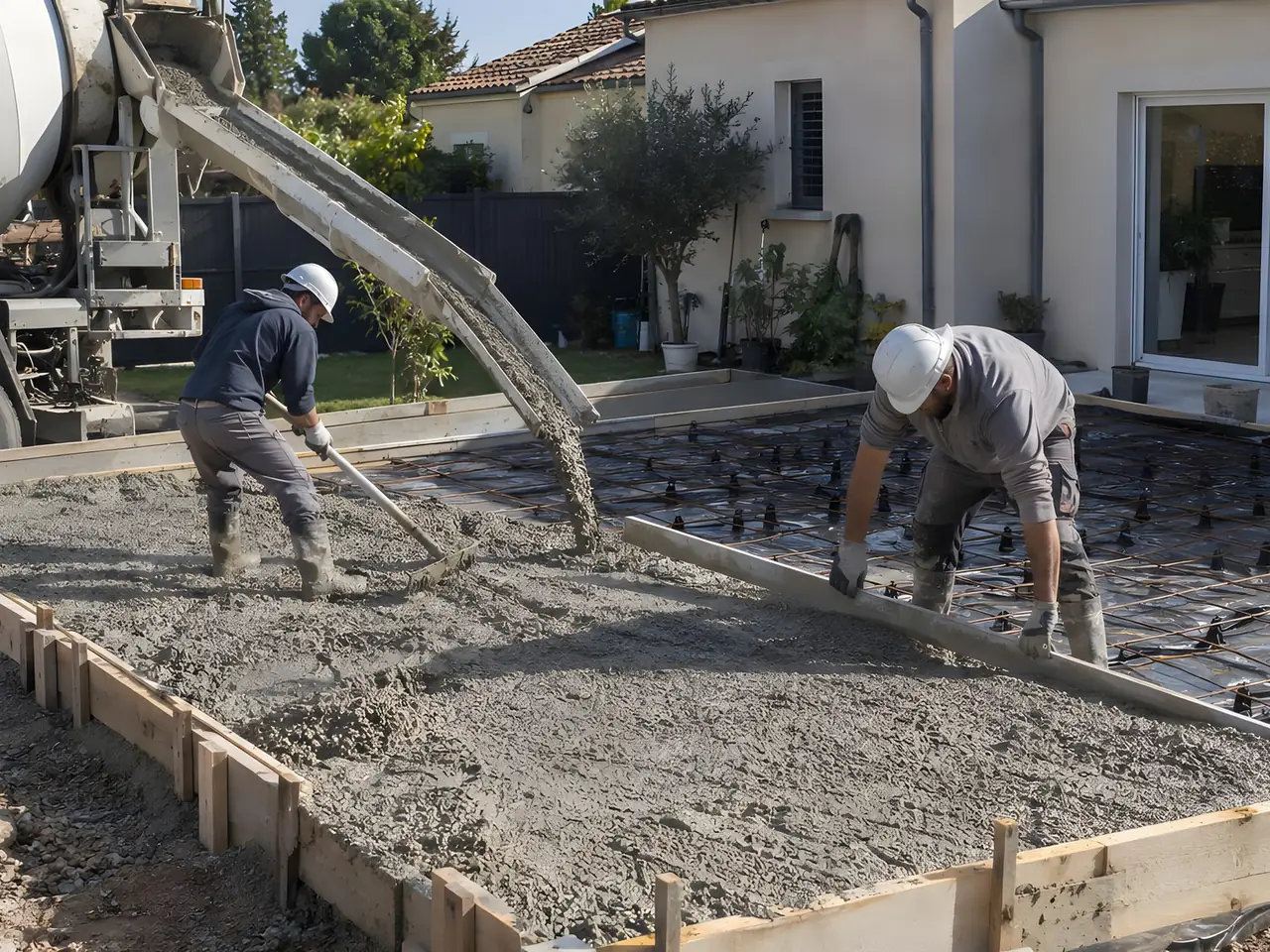 Deux maçons casqués qui étalent le béton versé par une toupie dans un coffrage en planches, au jardin d’un pavillon