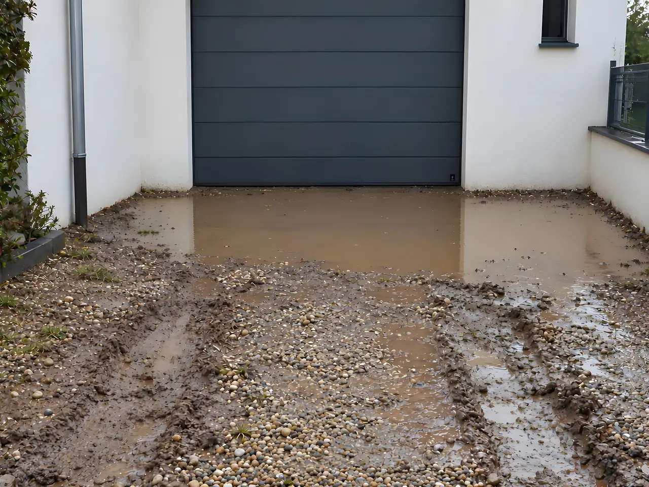 Cour en terre et gravier creusée d’ornières, grande flaque boueuse qui stagne devant une porte de garage grise