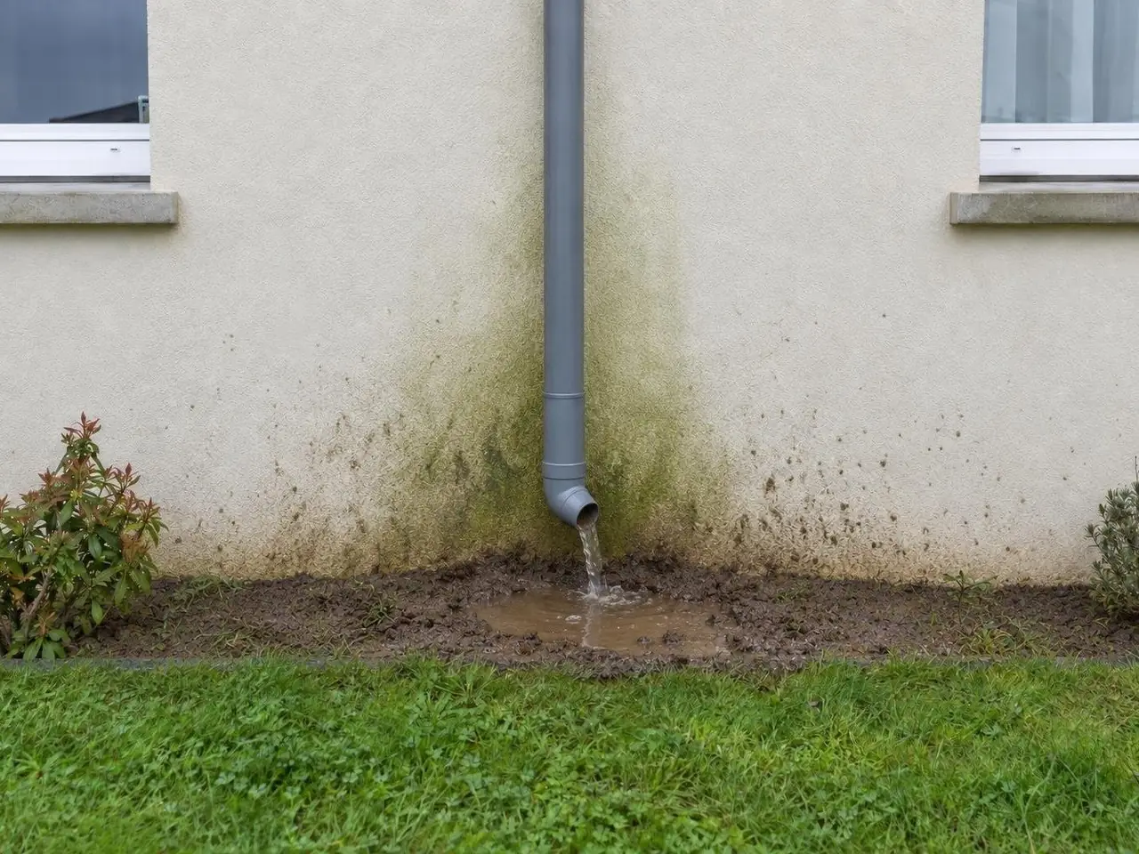 Descente de gouttière grise qui se déverse dans une flaque de boue au pied d’une façade beige tachée de vert
