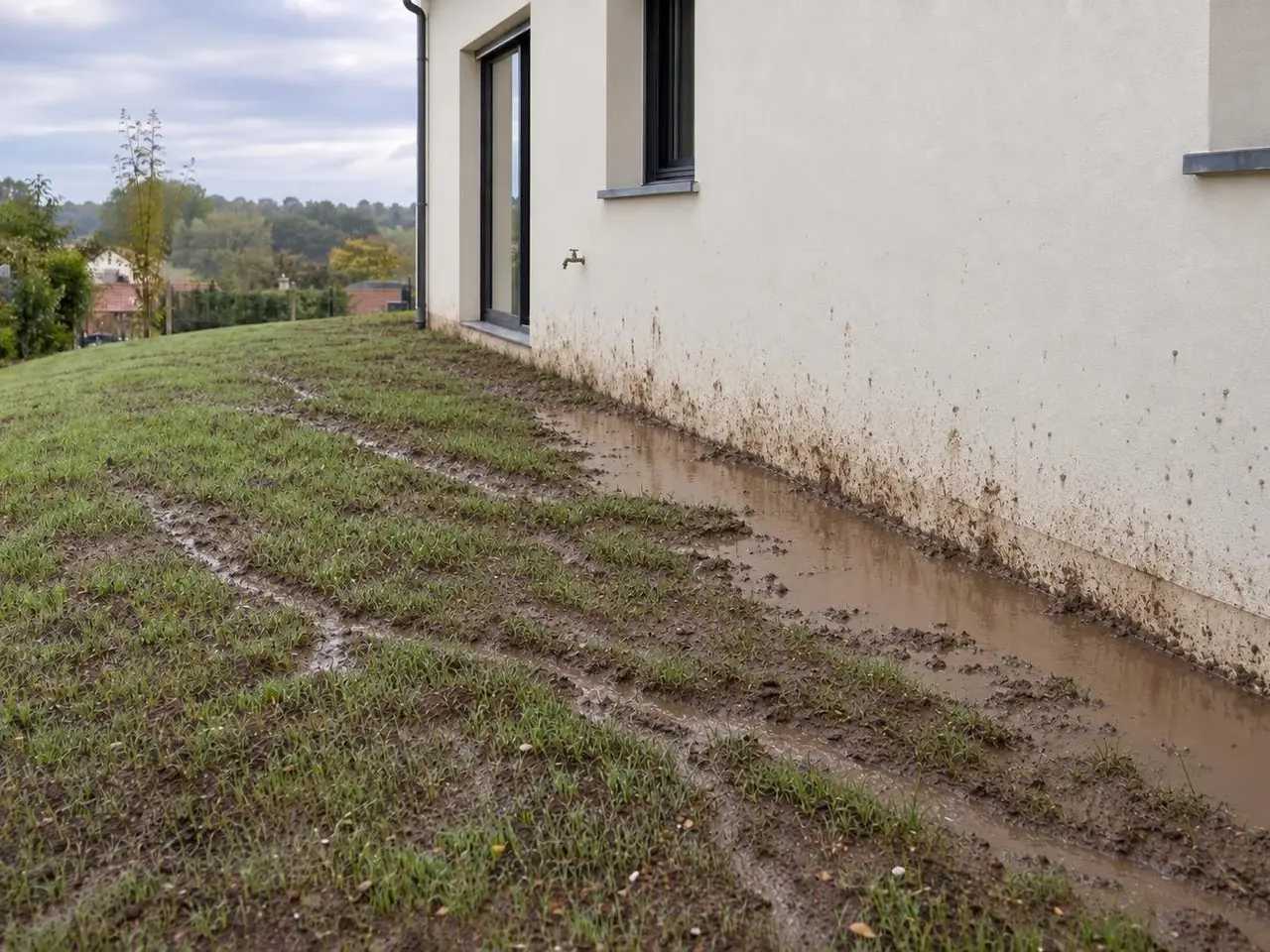 Pelouse ravinée qui descend vers la façade, longue flaque de boue au pied du mur, enduit éclaboussé de terre