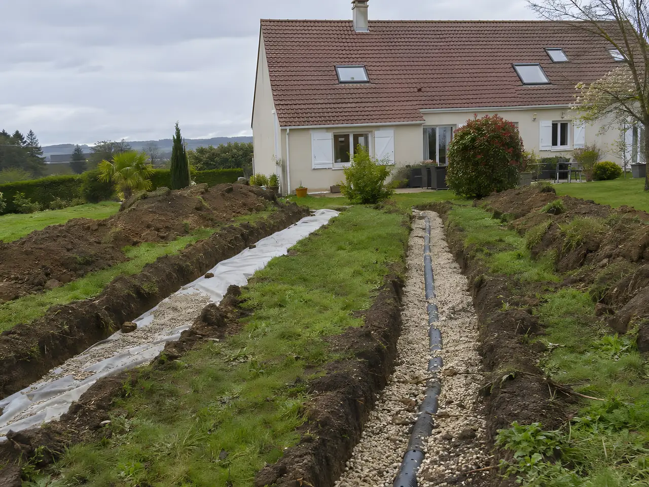 Jardin en pente devant une maison : deux longues tranchées garnies de graviers clairs, l’une avec un tuyau noir