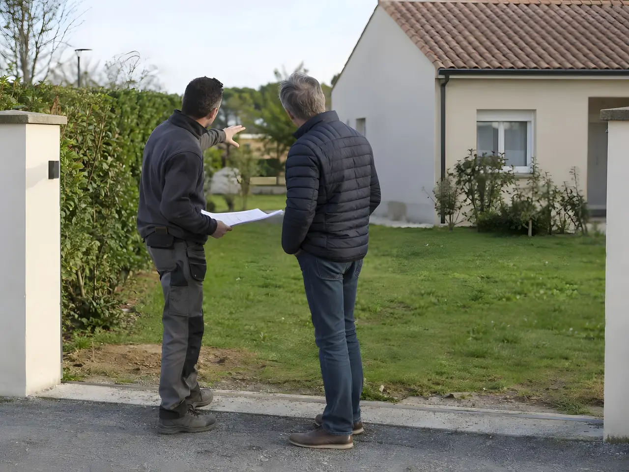Homme en tenue de chantier, un plan à la main, qui montre le terrain à un propriétaire à l’entrée d’un jardin de pavillon