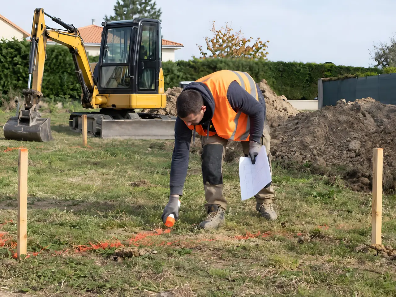 Ouvrier penché qui trace au sol à la bombe orange entre des piquets en bois, mini-pelle jaune et tas de terre derrière