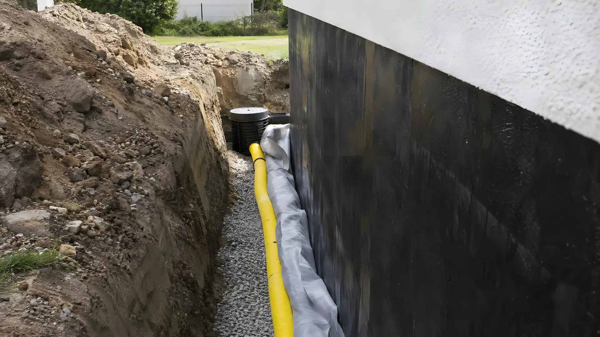 Tranchée ouverte le long d’un mur de sous-sol enduit noir, drain jaune posé sur le gravier, toile grise et regard au bout
