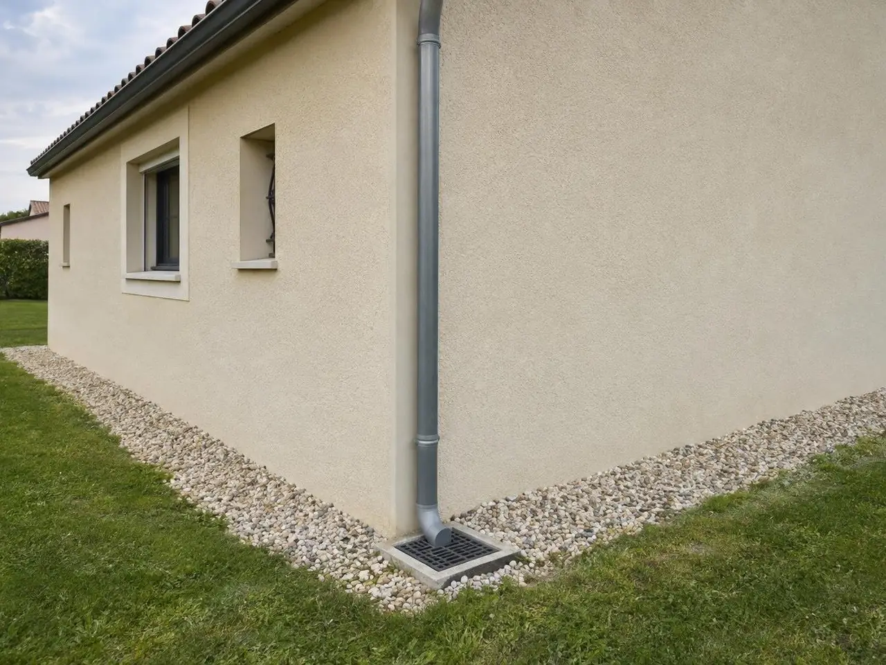 Angle de pavillon en crépi beige uniforme, descente d’eau raccordée à un regard à grille, bande de gravier