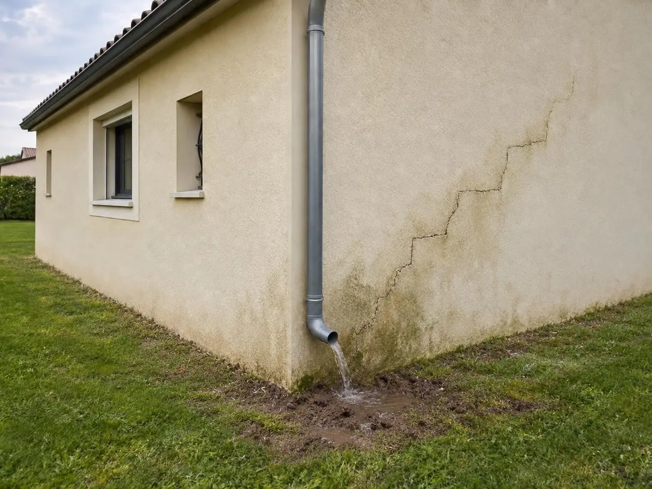 Angle de pavillon en crépi beige, fissure en escalier près d’une descente d’eau qui se déverse dans la terre