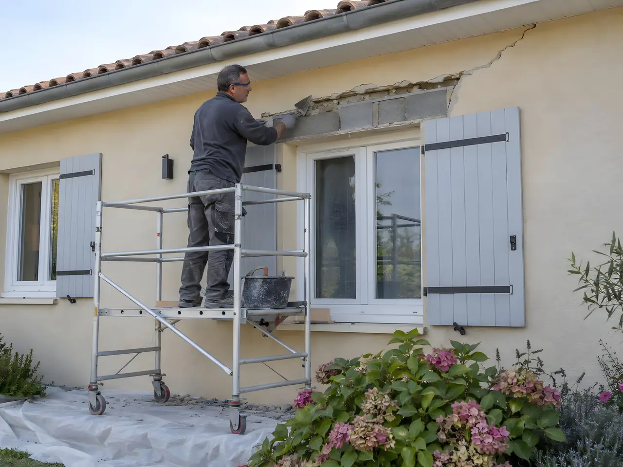 Maçon sur un échafaudage roulant qui reprend à la truelle une fissure au-dessus d’une fenêtre, linteau en blocs mis à nu