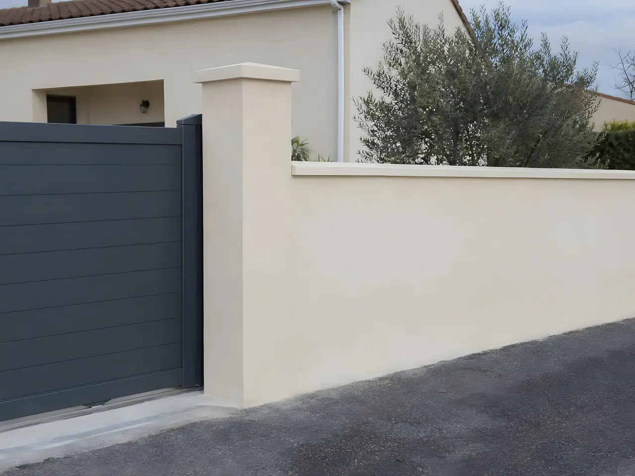 Pilier de portail et mur de clôture refaits, enduit beige lisse et chaperons neufs, à côté d’un portail gris