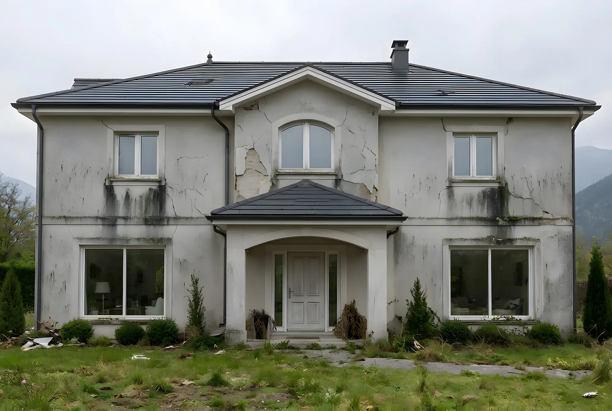 Grande maison enduite de gris, façade parcourue de fissures et de coulures sous les fenêtres