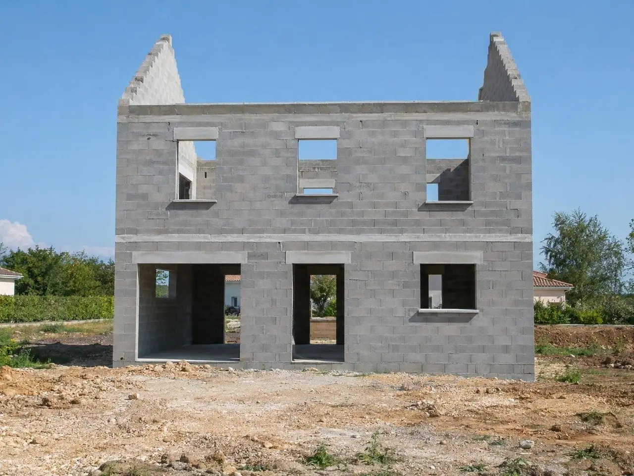 Maison en parpaings montée sur deux niveaux jusqu’au chaînage, pignons dressés en pointe, ciel bleu