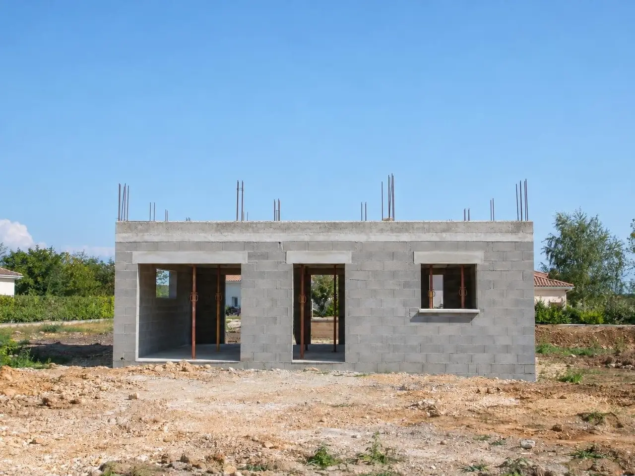 Rez-de-chaussée en parpaings sous le plancher d’étage, fers en attente dessus, étais visibles par les ouvertures