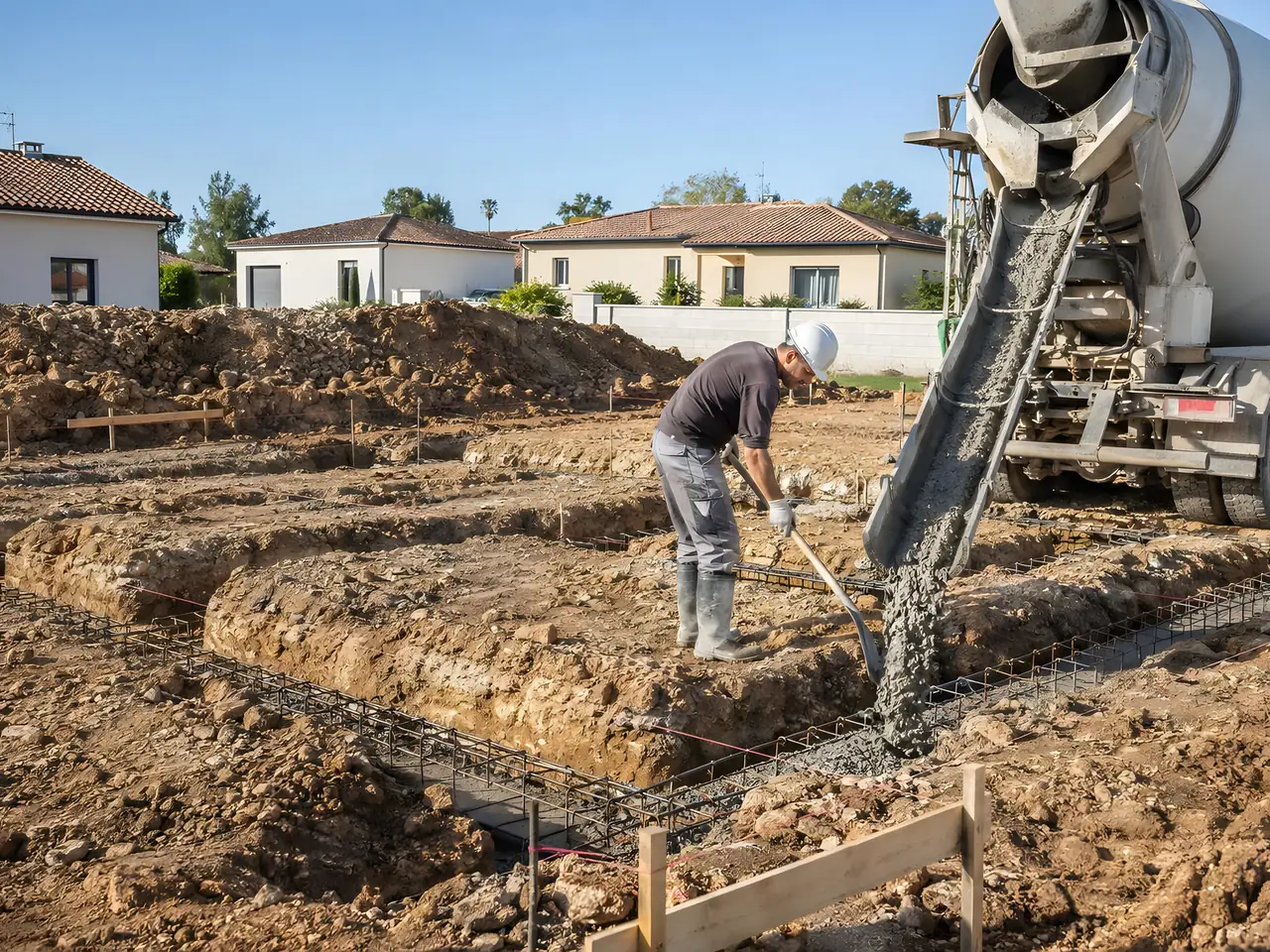 Ouvrier casqué qui guide le béton d’une toupie dans des tranchées de fondation garnies de ferraillage
