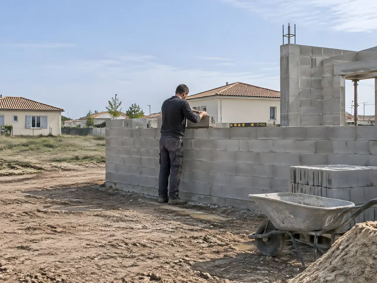 Maçon posant un rang de parpaings sur les murs d’une maison neuve en lotissement, brouette et bétonnière devant