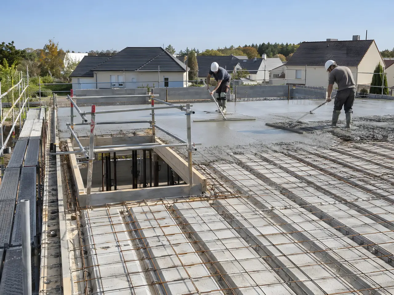 Deux maçons qui tirent le béton sur le plancher d’étage d’une maison neuve, poutrelles et hourdis au premier plan